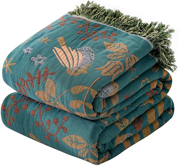 Boho Throw Blanket for Couch Sofa Bed, 100% Cotton Woven Quilt with Tassel 80”x90”, Super Soft Muslin Blanket with Bird Printed, Decorative Reversible Bed Blanket/Cover for All Seasons-Ruum Studio Home