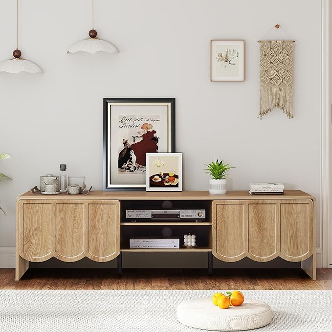 ORRD 63'' TV Stand, Modern TV Console Table Wave Panel Television Stands Entertainment Media Center with Storage Compartment and Sliding Door for Living Room (Natural)-Ruum Studio Home