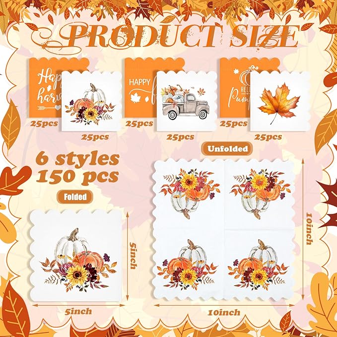 150 Pcs 5 x 5 Inches Fall Thanksgiving Paper Napkins Autumn Pumpkin Scalloped Cocktail Napkins for Decoupage Disposable Autumn Harvest Party Supply Bathroom Table Dessert Dinner Wedding Decor-Ruum Studio Home