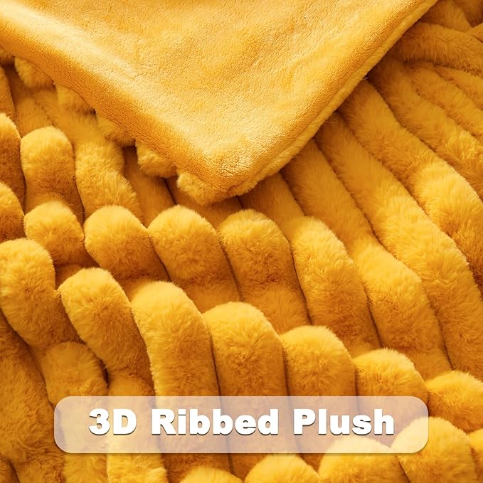 NEWCOSPLAY Faux Fur Throw Blanket Mustard Yellow 3D Ribbed Plush Thick Warm Blanket for Couch Sofa Bed 850GSM (Mustard Yellow Ribbed, Throw(50"x60"))-Ruum Studio Home
