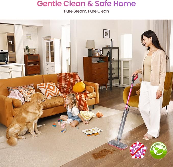 Schenley Steam Mop Cleaner Powerful - 15s Fast Heat-Up, Chemical-Free for Hardwood/Tile/Laminate & Floors/Walls, Washable Pads, 3 Modes for Carpet, Lightweight, Self-Standing, Sleek Design-Ruum Studio Home