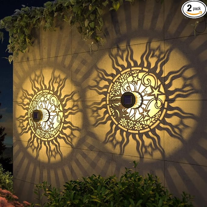 2 Pack Solar Fence Lights Metal Solar Powered Outdoor Wall Deck Lights Sun Moon Theme Waterproof Fence Light for Garden Post Patio Backyard Yard Decor (Face, 2 Pack)-Ruum Studio Home