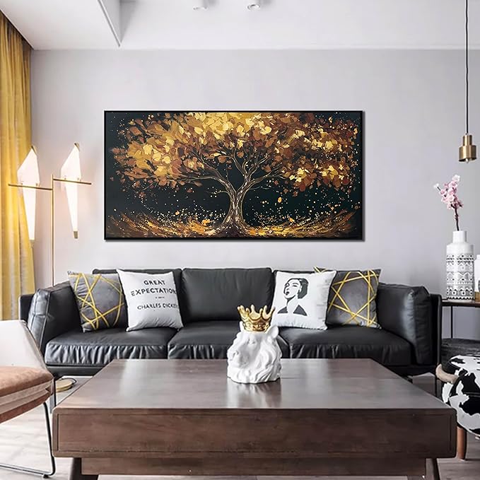 Tree Painting Wall Art for Office - Hand Painted Gold and Black Canvas Wall Art for Living Room - Black Framed Wall Art for Bedroom Size 29" x 59"-Ruum Studio Home