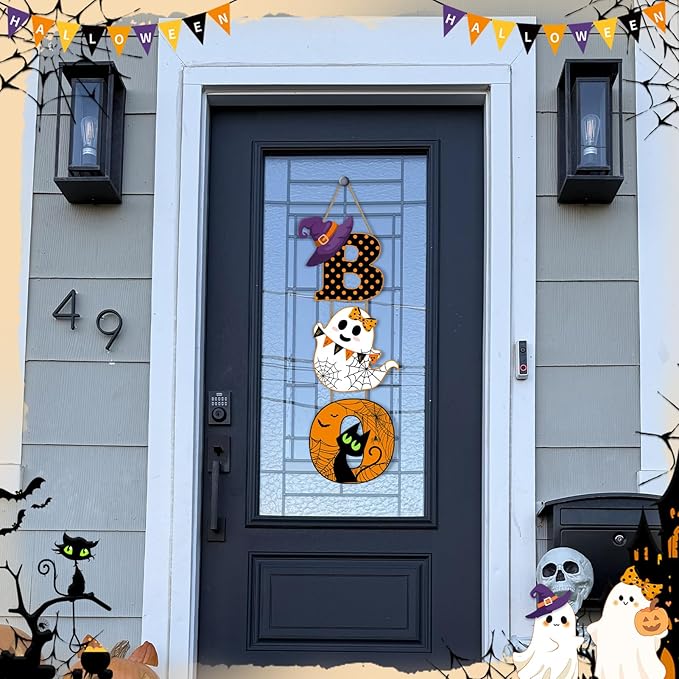 Britimes BOO Halloween Door Sign for Front Door, Halloween Cute Ghost Black Ghost Wall Decorations Wooden Hanging Signs for Home Wall Porch Outdoor Party Decor-Ruum Studio Home