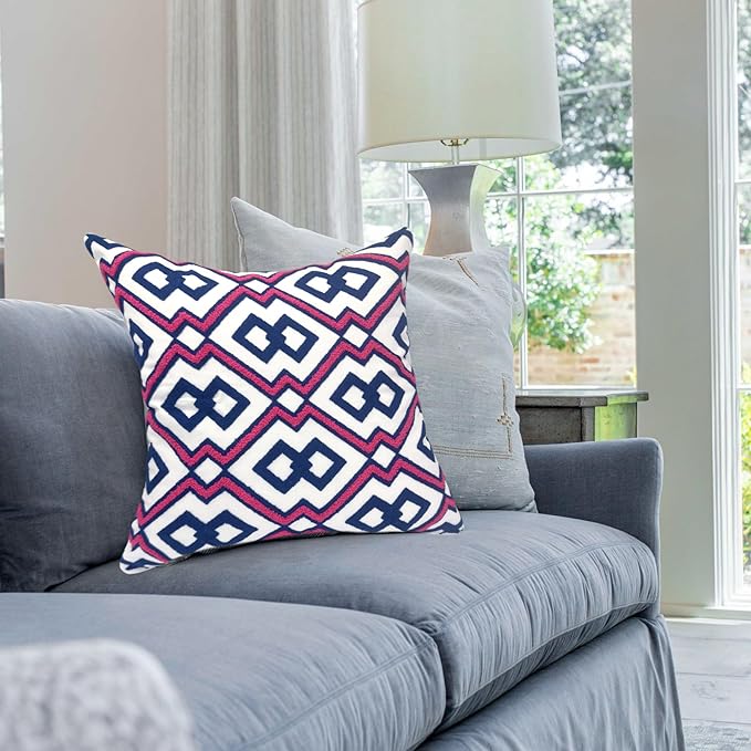 Alysheer Embroidered Decorative Throw Pillow Cover 18"x 18" Set of 2, Classic Boho Geometric Embroidery Pattern Cotton Rectangular Cushion Case for Sofa Couch Living Room Bedroom (Blue Pink)-Ruum Studio Home
