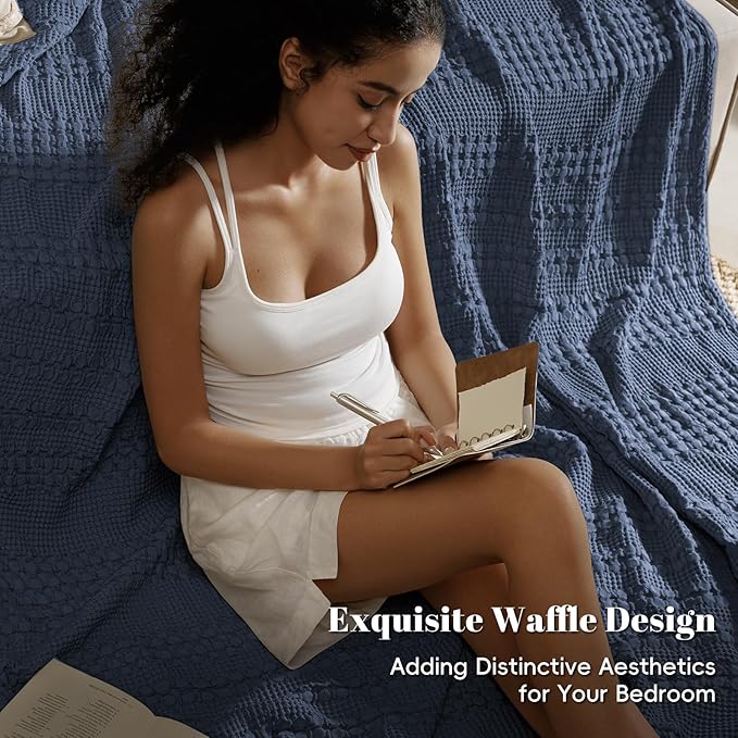 PHF 100% Cotton Waffle Weave Blanket Twin Size, Soft Lightweight Breathable Cozy Summer Blankets for Bed, Luxury Aesthetic Woven Bedding for Home Decor, 66"x90", Dark Navy-Ruum Studio Home
