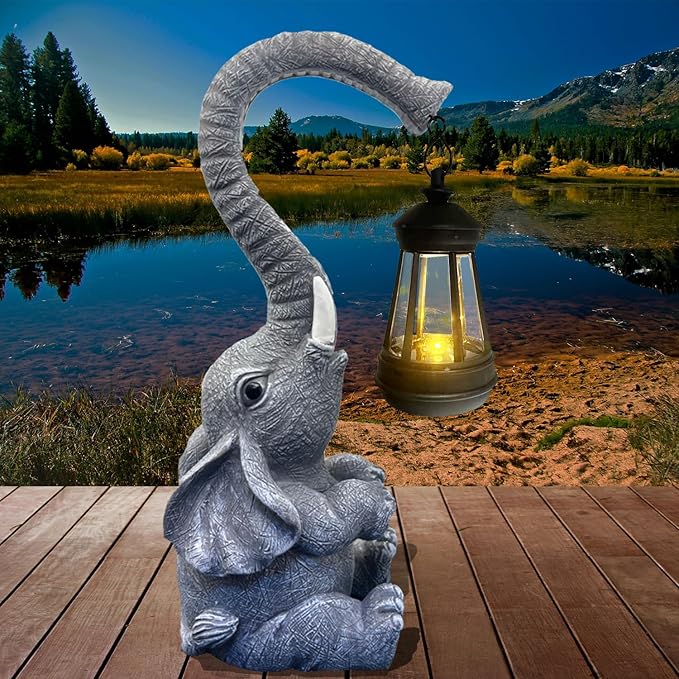 10.6 Inch Statue Elephant with Solar Outdoor Lights for Garden Decor，Lucky Present with Appeal for Birthdays(Man and Women and Family)，Unique Housewarming Presents and Yard Decor. (Gray)-Ruum Studio Home