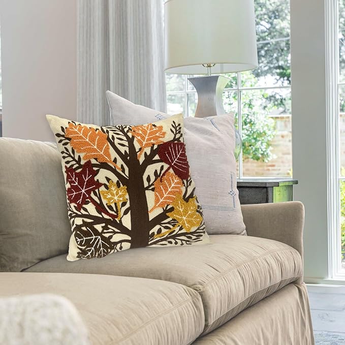 Alysheer Embroidered Fall Decorative Throw Pillow Cover 18"x 18", Boho Farmhouse Cottage Tufted Embroidery Pattern Cotton Canvas Orange Cushion Case for Sofa Couch Bed Living Room Decor(Maple Leaves)-Ruum Studio Home