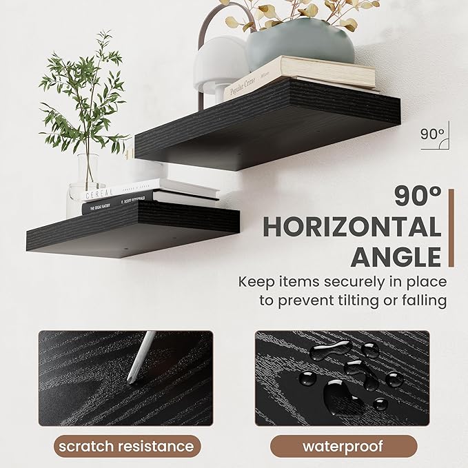 24 Inch Floating Shelves, 8 Inch Deep Floating Shelves for Wall, Hanging Shelf with Invisible Brackets, Deep Shelves for Bathroom, Bedroom, Living Room, Black, Set of 2-Ruum Studio Home