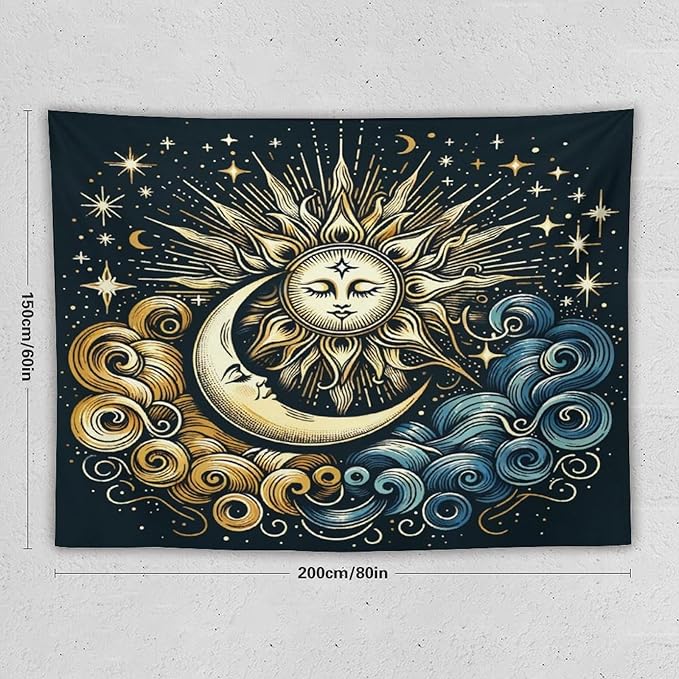 HZOHNAGO Sun Moon Tapestry Boho Golden Stars Pattern Printed Wall Tapestry Wall Hanging for Bedroom Living Room Dorm 80" W x 60" H-Ruum Studio Home