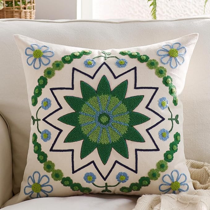 Embroidered Throw Pillow Cover 18x18 Classic Boho Floral Pattern Pillows Cover Outdoor Decorative Pillowcase,Durable Cozy Textured Cushion Case for Sofa Couch Bed Living Room,Green-Ruum Studio Home