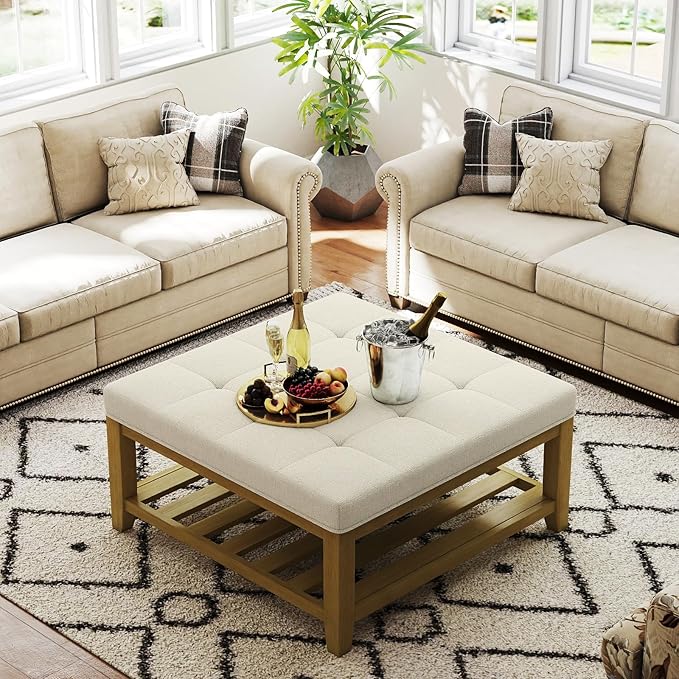 Large Square Ottoman Coffee Table, Linen Solid Upholstered Footrest Ottoman with Solid Wood Shelf Storage Tufted Coffee Table for Bedroom Living Room, Ivory-Ruum Studio Home