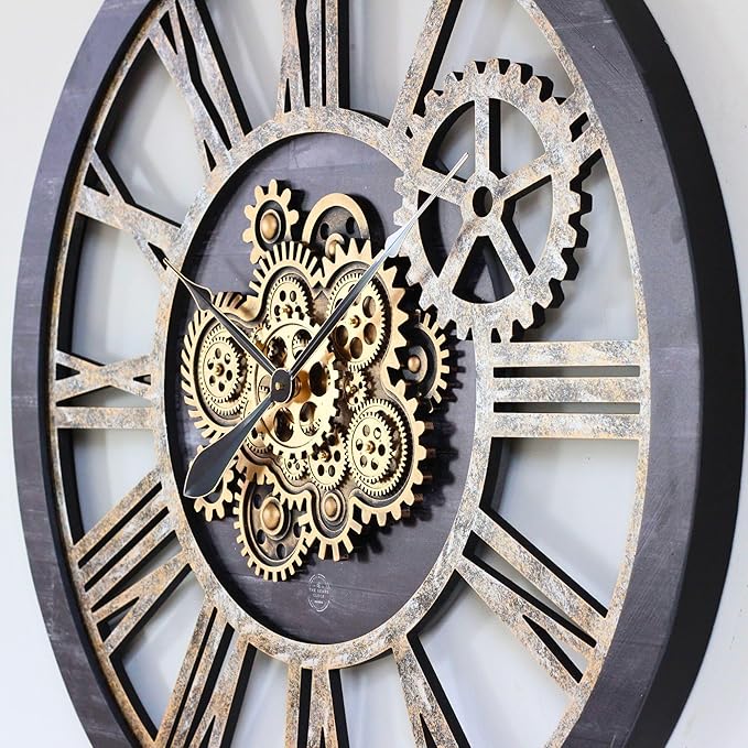 The Gears Clock 36'' Inch Real Moving Gear Wall Clock Vintage Industrial Oversized Rustic Farmhouse (Vintage Black Wood and Bronze)-Ruum Studio Home
