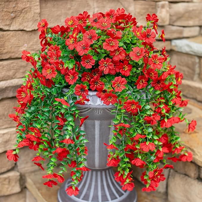 INSPRING Artificial Faux Outdoor Outside Flowers Plants, 2 PCS Fake Silk UV Resistant Look Real Red Daisy Trailing Vines for Front Door Porch Planter Urn Patio Balcony Decoration-Ruum Studio Home