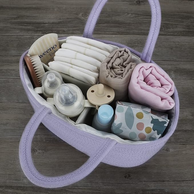 Baby Diaper Caddy Organizer Cotton Rope Nursery Storage Bin Basket Portable Holder Tote Bag for Changing Table Car Travel Baby Shower Gifts Newborn Essentials Registry Must Have Purple or Lavender-Ruum Studio Home