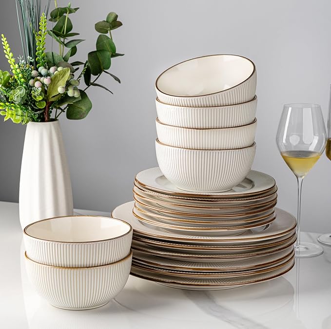 GBHOME Ceramic Dinnerware Sets,18 pcs Embossed Elegant Stoneware Plates and Bowls Sets, Housewarming Wedding Gift | Dishwasher & Microwave Safe | Dishes Set Service for 6-Ruum Studio Home