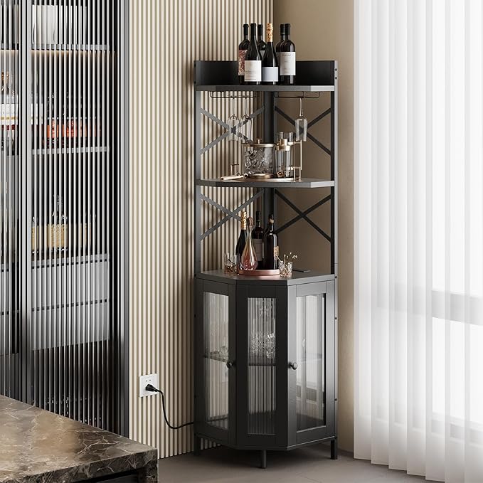 Corner Bar Cabinet with Power Outlet, 5-Tier Corner Wine Cabinet with Led Strip and Glass Holder, Industrial Tall Liquor Cabinet Bar Wine Rack for Home，Black-Ruum Studio Home
