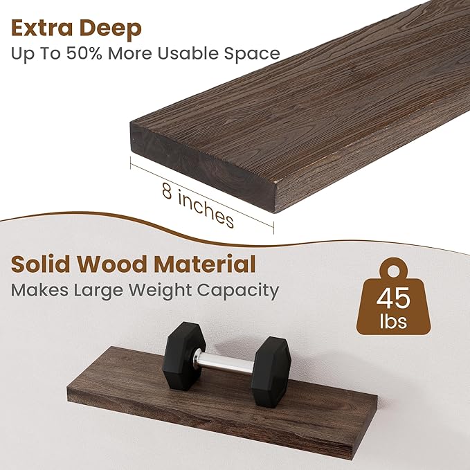 Floating Shelves for Wall Decor, 8 Inch Deep Rustic Solid Elm Wood Floating Shelves Wall Mounted, Wall Shelves with Invisible Bracket for Living Room Bathroom Bedroom Kitchen, 24 Inch Set of 2, Walnut-Ruum Studio Home