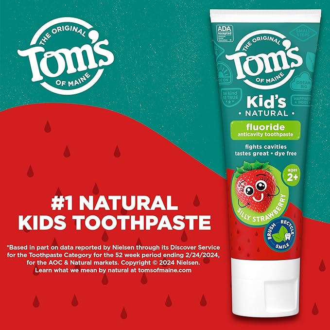 Tom's of Maine ADA Approved Fluoride Kids Toothpaste, Natural Toothpaste, Dye Free, No Artificial Preservatives, Silly Strawberry, 5.1 oz. 3-Pack (Packaging May Vary)-Ruum Studio Home