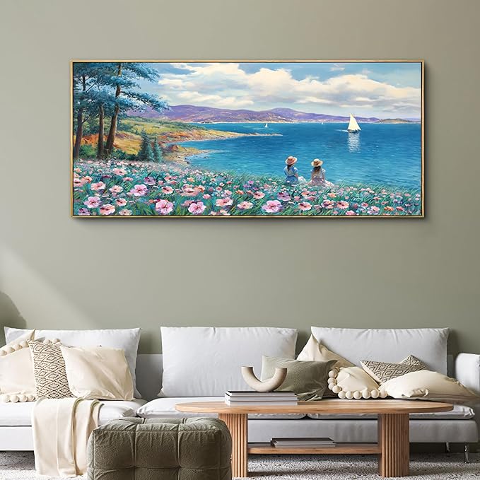 XLSJERST Large Landscape Wall Art - Blue Ocean Pink Flower Sailboat Mountain Tree Wall Decor Orange Frame Artwork for Wall Large Picture for Living Room Bedroom Home Office Decoration Size 29x58-Ruum Studio Home