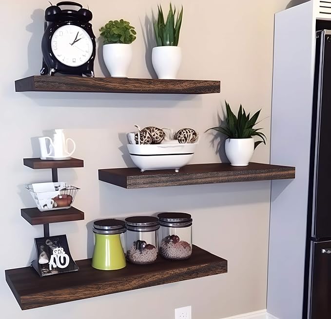 Wood Floating Shelves for Wall Decor, Rustic Wall Shelves for Bedroom Bathroom Kitchen Living Room, Set of 6 Walnut-Ruum Studio Home