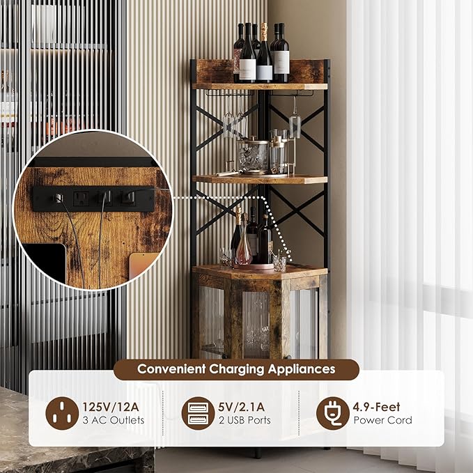 Corner Bar Cabinet with Power Outlet, 5-Tier Corner Wine Cabinet with Led Strip and Glass Holder, Industrial Tall Liquor Cabinet Bar Wine Rack for Home, Rustic Brown-Ruum Studio Home