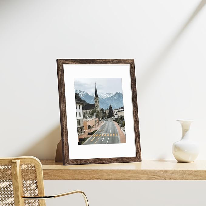 Vittanly 11x14 Picture Frames Set of 9, Shatter Resistant Plexiglass, Display 8x10 Pictures with Mat or 11x14 without Mat, Photo Frames for Wall or Tabletop, Engineered Wood, Brown-Ruum Studio Home