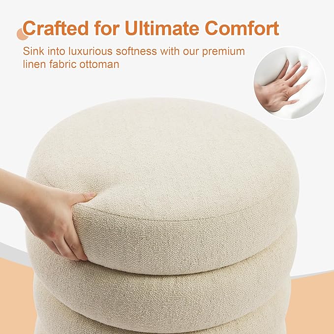 ONEVOG Round Storage Ottoman, 20" Small Ottomans Table with Removable Lid, Linen Fabric Soft Footrest Stools for Couch, Upholstered Stuffed Circle Seat for Living Room/Bedroom/Dorm/Vanity, Beige-Ruum Studio Home