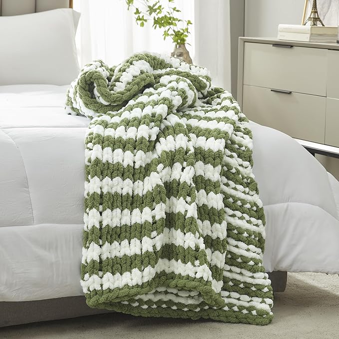 Amélie Home Chunky Knit Throw Blanket for Couch, Soft Chenille Crochet Blanket for Sofa, 50"x60", Sage Green & White Striped-Ruum Studio Home