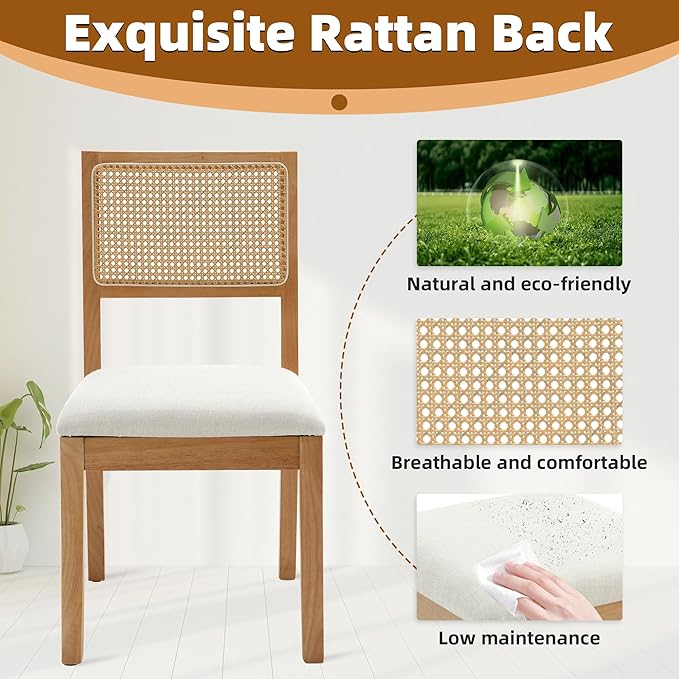 Westice Rattan Dining Chairs Set of 4, Farmhouse Natural Dining Room Chairs with Upholstered Cushion, Wood Armless Chairs for Kitchen/Restaurant-Ruum Studio Home