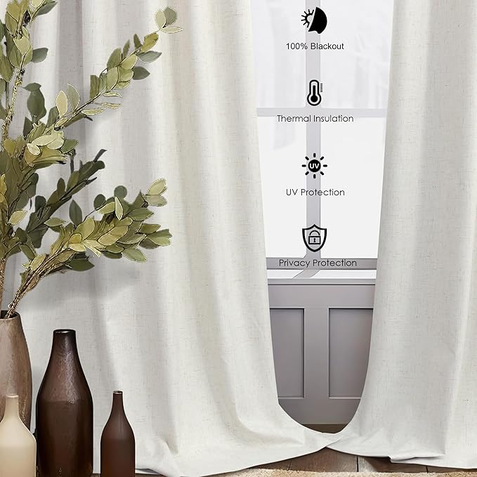 Natural Linen Back Tab Blackout Curtains & Drapes 96 Inch Long for Bedroom Livingroom Farmhouse Curtain 2 Panel Neutral Cute Black Out Room Darkening Thermal Insulated 8ft Pleated Window Curtain Cream-Ruum Studio Home