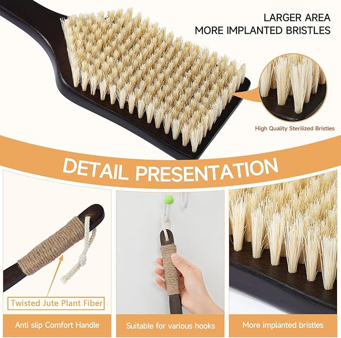 Back Scrubber Shower Brush,Dry Brushing Body Brush with 17.7 Inch Curved Long Handle, Natural Bristles for Lymphatic Drainage, Soft & Stiff Bristles Available (Medium-Soft Horsehair)-Ruum Studio Home
