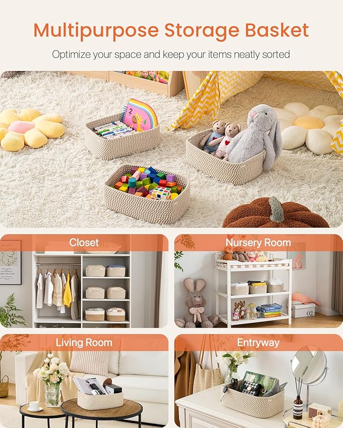 Small Woven Basket, 12 x 8 x 4.5 Inches, Storage Basket for Organizing, Cute Small Rope Shelf Closet Cube Storage Bins Baskets for Shelves, Dog Toy Gift Baskets Empty, 3 Pack Brown-Ruum Studio Home