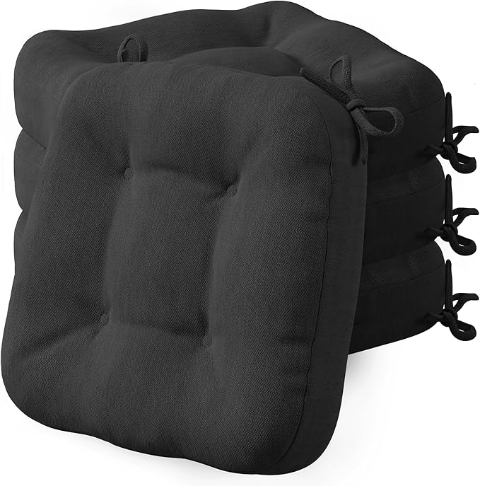 Codi Dining Chair Cushions 4 Pack, Thick Chairs Pads for Indoor Kitchen Room - Washable, Non-Slip Memory Foam Seat Cushion with Ties, 16.5"x16.5"x 3.5", Set of 4, Black-Ruum Studio Home