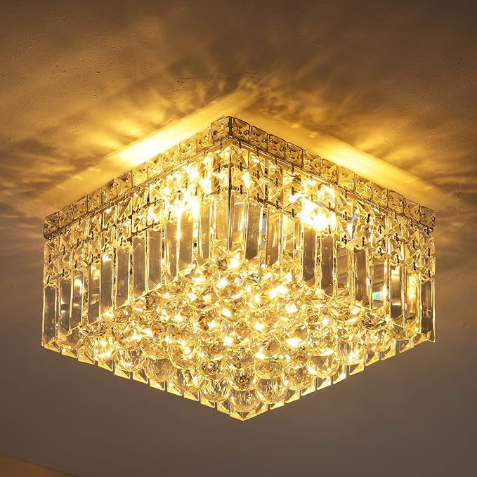 4-Lights Modern Flush Mount Ceiling Light Fixtures,Elegant Crystal Chandelier Pendant Ceiling Lamp for Bedroom,Living Room,Dining Room,Hallway H5.9 x W13.7 x L13.7 (Bulbs Not Included) Square-Ruum Studio Home