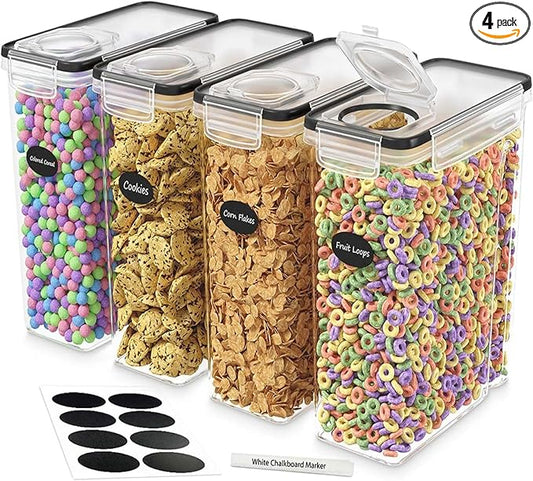 DWËLLZA KITCHEN Cereal Containers Storage 4 Pack 135 fl. oz Cereal Dispenser Airtight Food Storage Containers BPA-Free Pantry Organization and Storage, Canister for Flour & Sugar 1 Marker 8 Labels-Ruum Studio Home