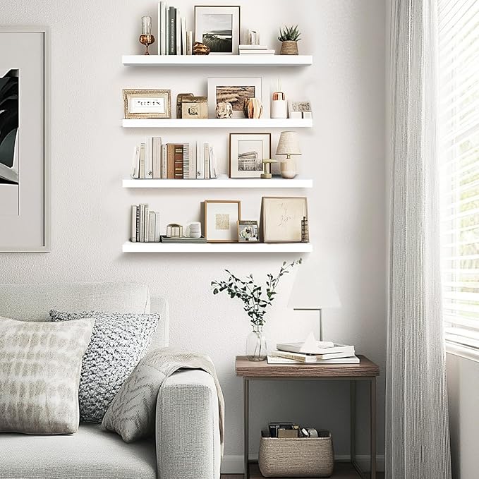 Floating Wall Shelves 4-Pack - Rustic White 16-inch Wooden Wall Shelves for Storage and Décor, Multi-Functional and Easy to Install for Living Room, Bedroom, and Kitchen-Ruum Studio Home