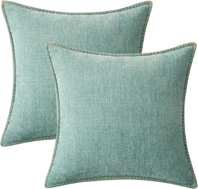 MIULEE Pack of 2 Couch Throw Pillow Covers 18x18 Inch Aqua Green Farmhouse Decorative Pillow Covers with Stitched Edge Soft Chenille Solid Dyed Spring Pillow Covers for Sofa Bed Living Room-Ruum Studio Home