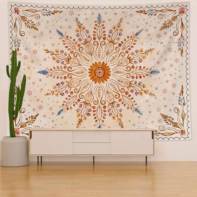 Fowocu Boho Floral Mandala Tapestry for Bedroom Aesthetic Watercolor Bohemian Flower Wall Tapestry Brown Beige Hippie Indian Large Tapestries Wall Hanging for Living Room Dorm Decor 80 x 60 Inch-Ruum Studio Home