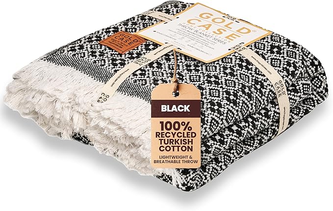 Gold Case Throw Blanket for Couch – 100% Recycled Turkish Cotton Blankets & Throws – Elegant Decorative Throw Blankets for Living Room Sofa – Woven Throws for Couch – Retro Black – 50x60-Ruum Studio Home