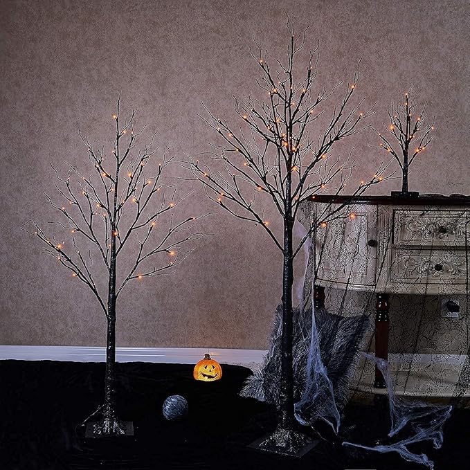 LITBLOOM Lighted Spooky Halloween Tree with Timer Battery Operated or USB Plug in, Pre-lit Black Glittered Tabletop Tree with Orange Lights 24L 18IN for Halloween Home Party Decoration Indoor-Ruum Studio Home