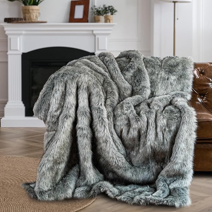 BATTILO HOME Silver Grey Faux Fur Throw Blanket for Couch, Bed, Fake Fur Blankets & Throws, Thick Warm Heavy Fluffy Fuzzy Elegant Furry Blanket Long Pile with Black Tips, 50"x60"-Ruum Studio Home
