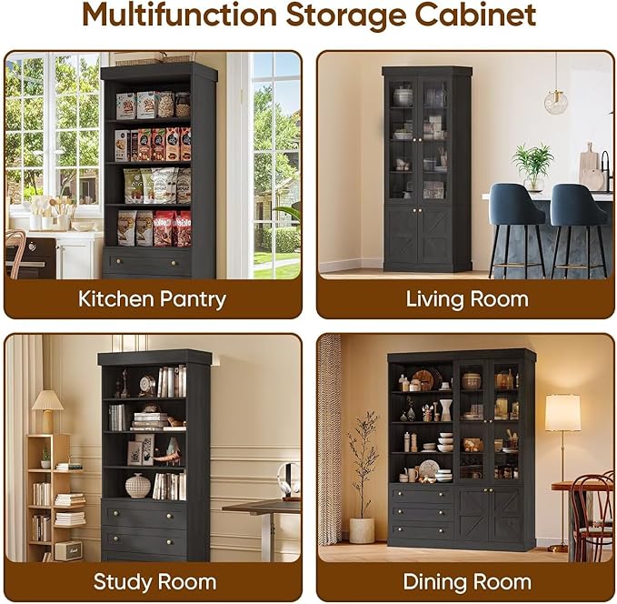Vyre 71" Tall Farmhouse Bookshelves with Drawers, Large Modular Bookcase with Adjustable Shelves, Storage Cabinet for Living Room, Kitchen, Home Office, Black-Ruum Studio Home