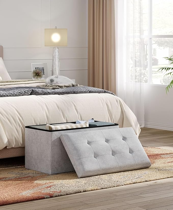 Storage Ottoman Bench, Folding Ottoman Foot Rest, 15 x 30 x 15 Inches, End of Bed Bench, Storage Chest, for Living Room, Bedroom, Hallway, Entryway, Light Gray-Ruum Studio Home