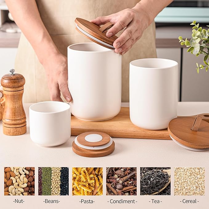 White Ceramic Canister Set with Bamboo Lids, 3-Piece Airtight Food Storage Jars for Kitchen - Flour, Sugar, Coffee, Tea, Spice - Small, Medium, Large Sizes-Ruum Studio Home