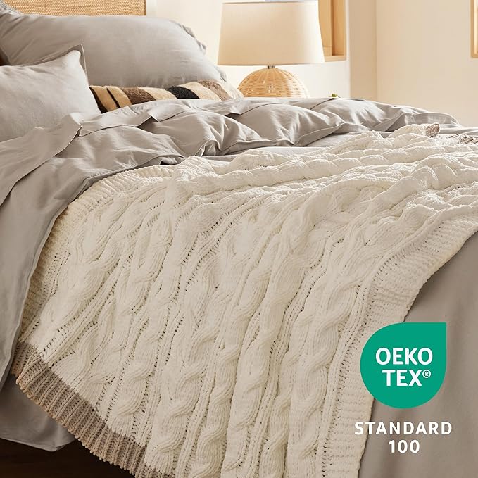Bedsure Cable Knit Throw Blanket for Couch Bed - Breathable Chenille Chunky Knit Throw Blanket for Decorative Gift, GentleSoft Cozy and Warm for Winter and All Seasons, Cream, 50x60 Inches-Ruum Studio Home
