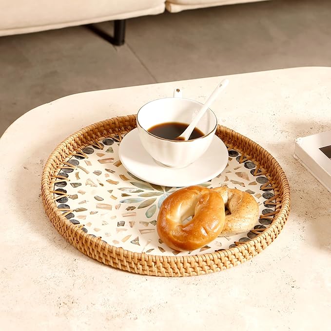 Round Rattan Tray with Mother of Pearl Inlay & Wooden Base - Decorative Wicker Serving Tray for Coffee/Bread/Fruits, Food Storage & Display - Multipurpose Home Decor (M,Fish Scales)-Ruum Studio Home