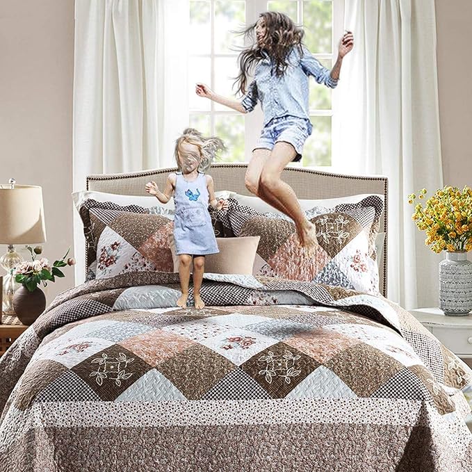 NEWLAKE Quilt Bedspread Sets-Checkered Floral Reversible Coverlet Set,King Size-Ruum Studio Home