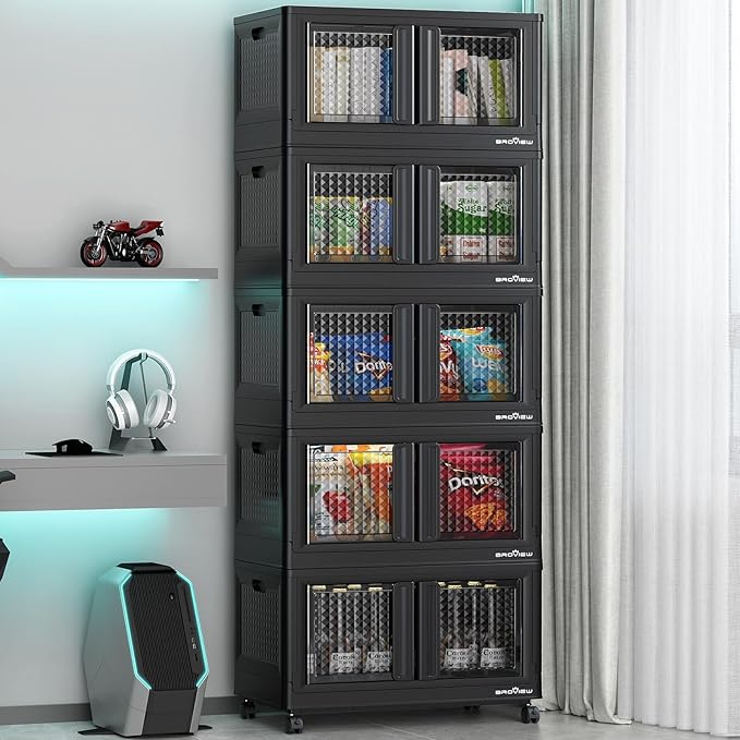 500Qt Stackable Storage Bins with Lids, 125Gal Closet Organizers and Storage Drawer, Plastic Collapsible Storage Bins with Doors, Heavy Duty Store Box Cabinet for Home Kitchen, 5Pack Black-Ruum Studio Home