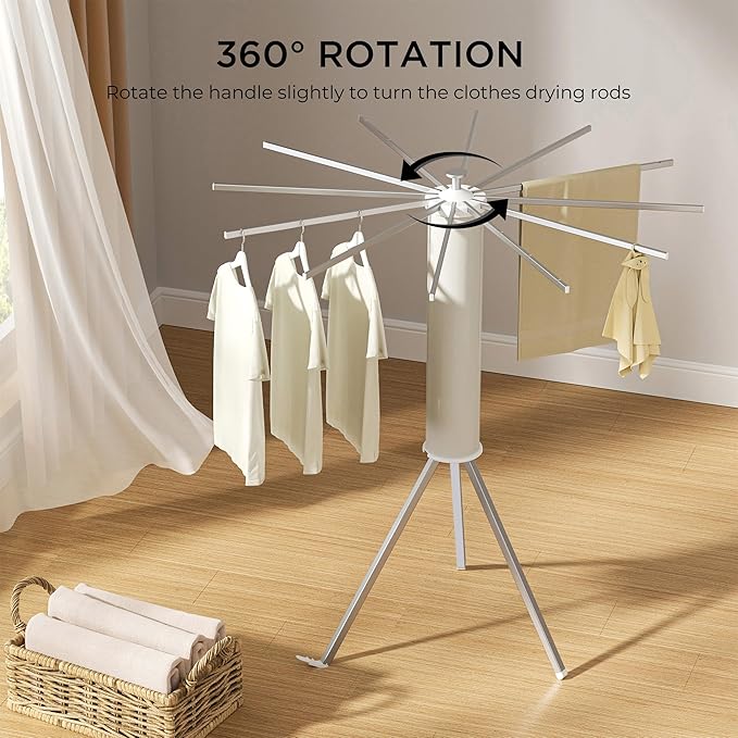 Tripod Clothes Drying Rack, Garment Rack Portable and Foldable Space Saving Laundry Drying Rack - Dryer Rack Clothing Floor Folding Balcony Bedroom Household (Silver(Aluminum), 12 rods)-Ruum Studio Home